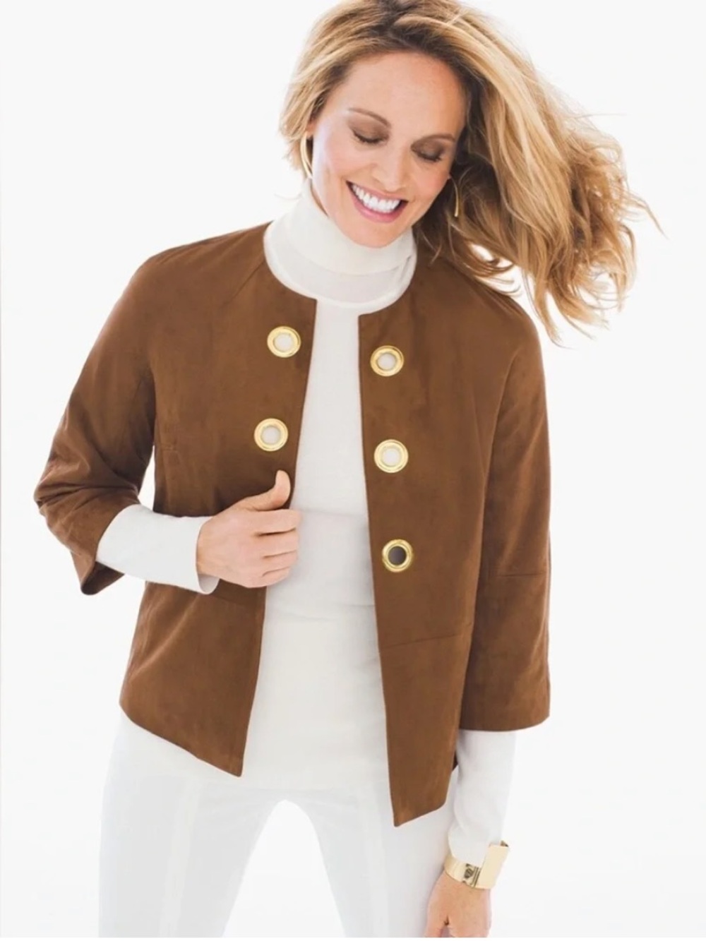 Chicos Brown Faux Leather Grommet Detail Jacket Size 1